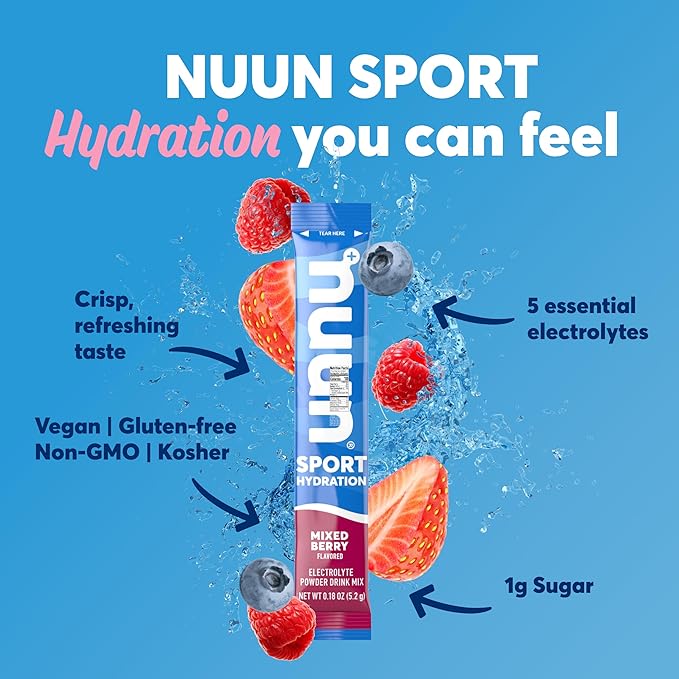 Nuun Sport Electrolyte Powder Packets with Magnesium, Calcium, Potassium, Chloride, and Sodium, Hydration Packets for On-The-Go, Mixed Berry Flavor, Gluten Free & Vegan, 16 Single Servings