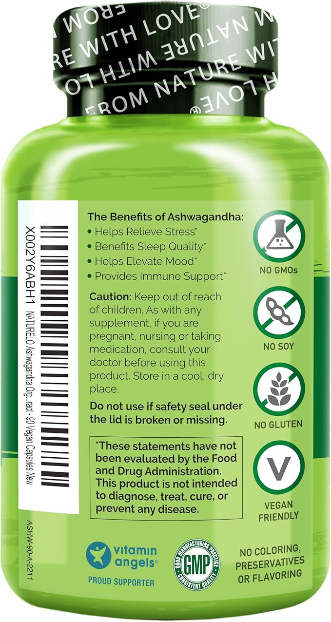 NATURELO Ashwagandha Organic Root Powder - Natural Herbs Supplement for Fatigue, Stress Relief, Mood Enhancer - with Black Pepper Extract - 90 Vegan Capsules (Pack of 2)