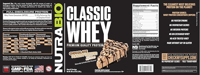 NutraBio Classic Whey Protein Powder- 25G Protein Per Scoop -No Fillers, Artificial Colors, Preservatives - Low Glycemic Index - (Chocolate Peanut Butter, 5 Pounds)