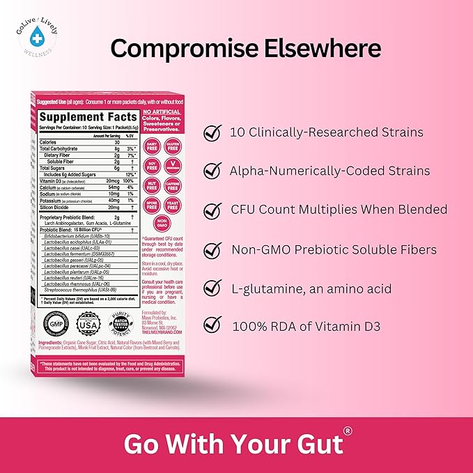 GoLive Prebiotic and Probiotic for Women, Men, Kids. Berry Pomegranate Synbiotic Powder w/ L-Glutamine, Vitamin D3, Electrolytes. For Gut Health, Digestion, Metabolism, Immunity 15-50B CFUs.