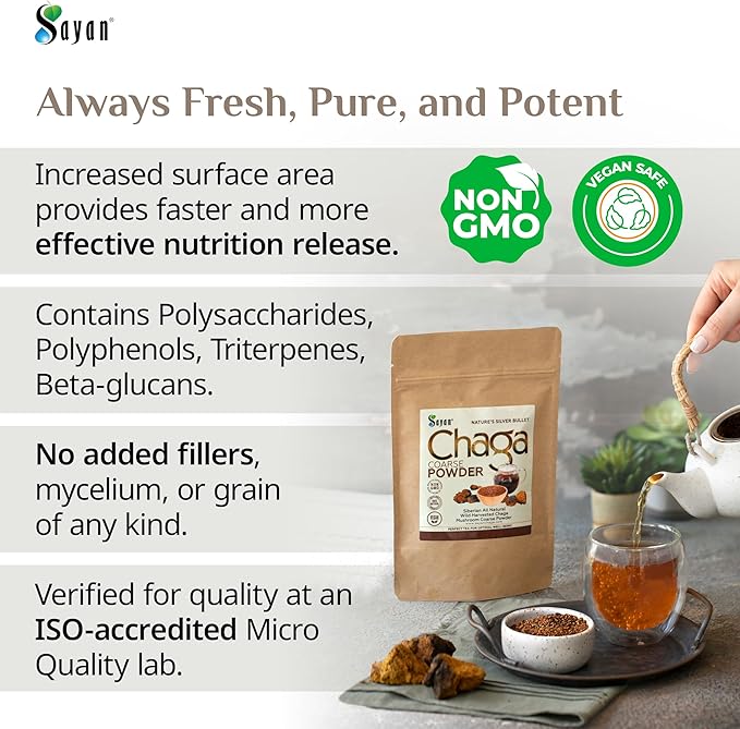 Sayan Siberian Pure Raw Coarse Chaga Powder 1lb / 454g – Premium Wild Forest Harvested Super Antioxidant Tea – Supports Immune System and Digestive Health – Focus, Energy, Clarity, Wellness - Non-GMO