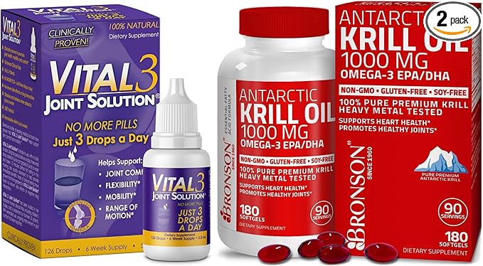 Vital 3 Joint Solution® Clinically Proven Liquid Knee Relief + Antarctic Krill Oil 1000 mg with Omega-3s EPA, DHA