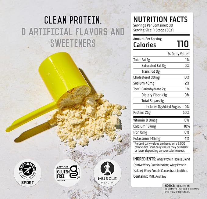 Ascent 100% Whey Protein Powder - Post Workout Whey Protein Isolate, Zero Artificial Flavors & Sweeteners, Gluten Free, 5.5g BCAA, 2.6g Leucine, Essential Amino Acids, Unflavored 2 lb