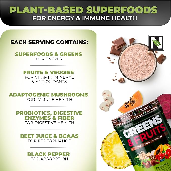 Nutrology Greens & Fruits Powder-Naturally Sourced Fruits, Vegetables, Beet Powder & Mushroom Blend, Probiotics, Digestive Enzymes, Fiber, Antioxidants, Immune Support, Gluten Free - Chocolate