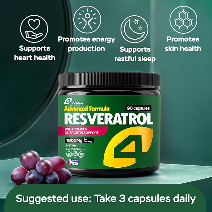Resveratrol Supplement 1800mg Complex - COQ10, Quercetin, Vitamin E, Vitamin C - Powerful Antioxidant Formula for Enhanced Energy, Heart Health & Healthy-Aging Support Trans Resveratrol 90 Capsules