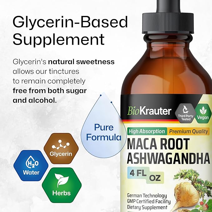 BIO KRAUTER Maca Root and Ashwagandha Tincture - Maca & Ashwagandha Supplements for Men & Women - Adaptogenic Liquid Supplement for Mood Support - Alcohol and Sugar Free Vegan Drops 4 Fl.Oz.