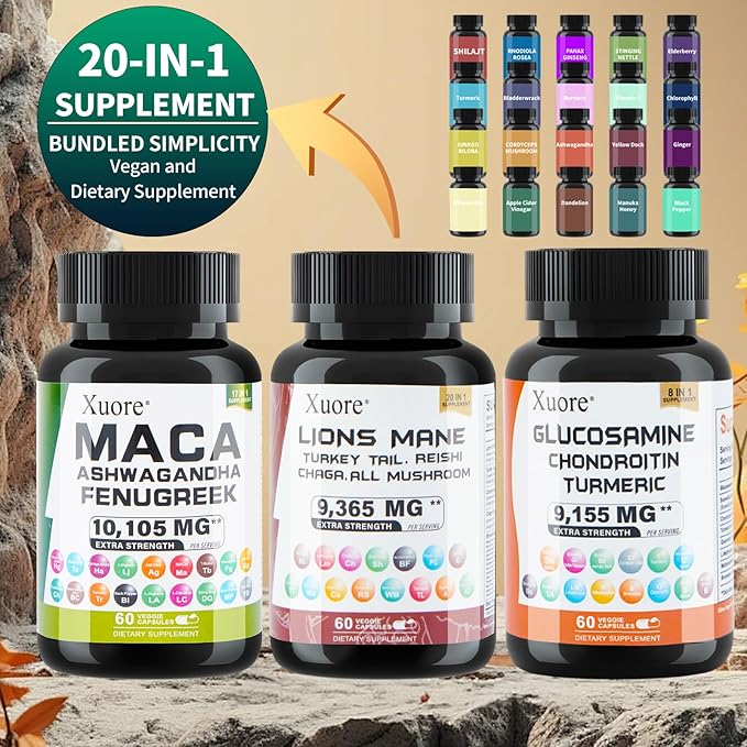 Bundle of Glucosamine,Maca,Lions Mane, Black Seed Oil, Ashwagandha, Ginger & Rhodiola Rosea, Panax Ginseng, Turkey Tail, Reishi, Cordyceps, Chaga All in 1 Supplements (1 Pack)
