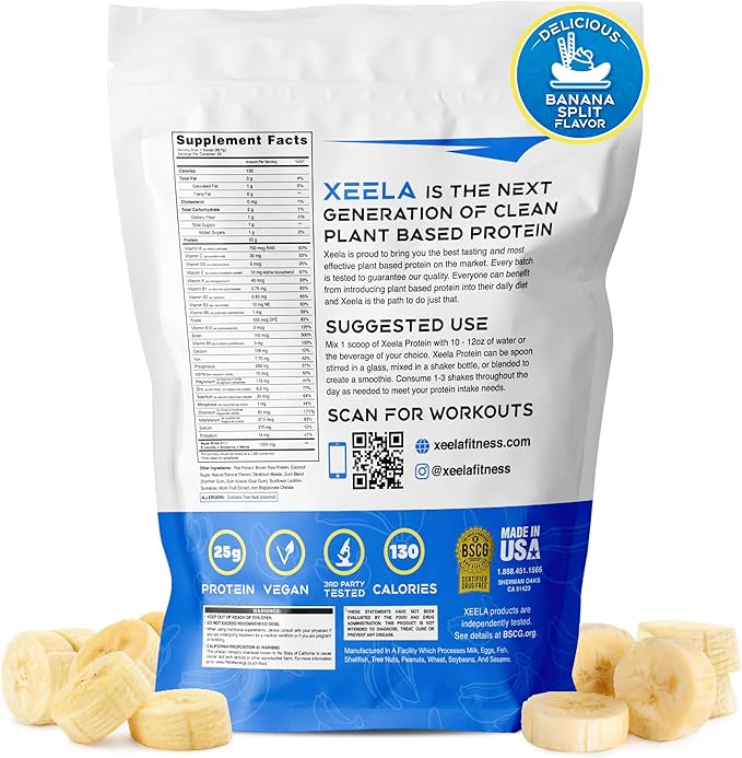 XEELA Plant Based Vegan Protein Powder - Independently Tested - 25g High Protein, Pea Protein for Men & Women - Vitamins & Minerals, Non GMO, Dairy & Gluten Free, LowCarb & LowFat (Banana Split)