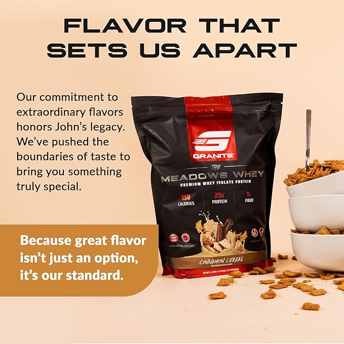 Granite Supplements The Meadows Whey Protein Isolate Protein Powder for Lean Muscle with 150 Calories, 2g Fiber, 1g Sugar (30 Servings), Cinnamon Cereal Flavor