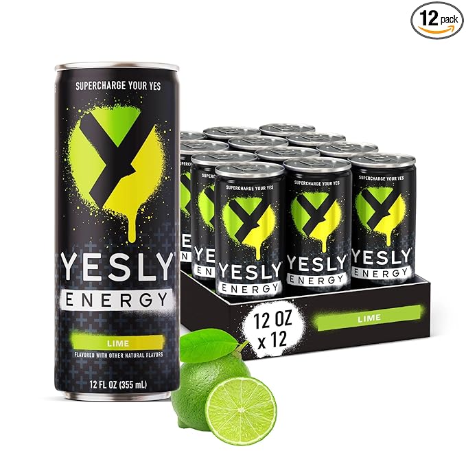 Yesly Energy Drink, Lime, Naturally Flavored Sparkling Energy Water With Electrolytes, Magnesium, Potassium, Vitamin C, B6 & B12, Natural Caffeine From Green Tea, Zero Sugar, 12 Fl Oz Cans, 12 Pack