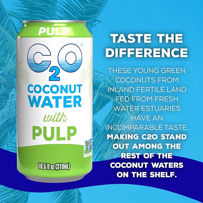 C2O - Coconut Water with Pulp (24 Pack, 3 Boxes of 8) - Made with Fresh Coconut Water - Plant Based, Non GMO Canned Water - Natural Hydration, Essential Electrolytes, & Potassium - 24 Cans, 10.5 FL OZ