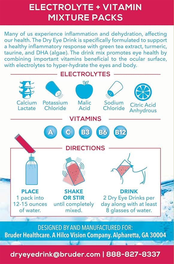 The Dry Eye Drink l Ultimate Hydration for Dry Eyes l Sugar-Free Electrolyte Powder Packets l Blended with Vitamins, Green Tea, Turmeric, Taurine, and DHA l 5g x 20 Packets (Mixed Berry)