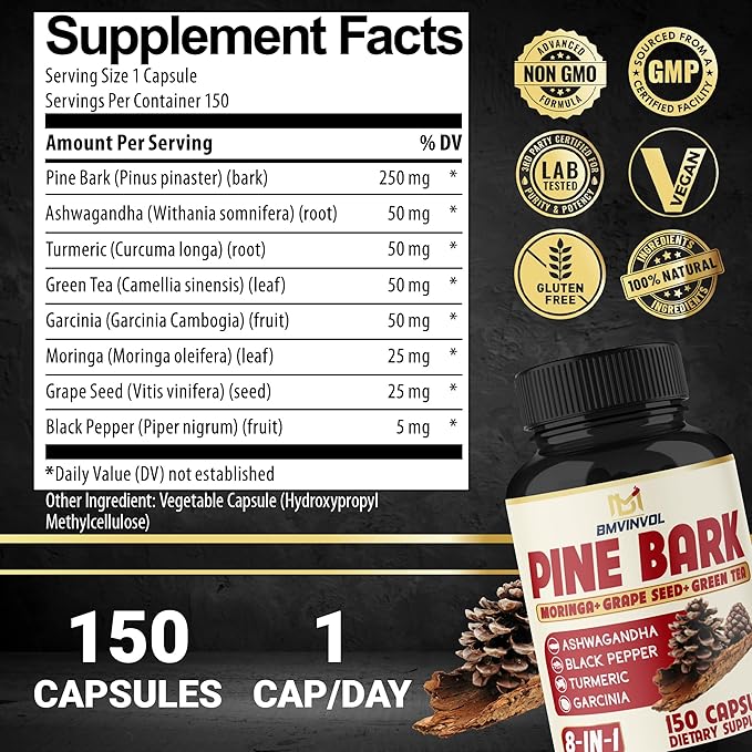 Pine Bark Capsules with Ashwagandha, Turmeric, Green Tea, Garcinia Cambogia, Moringa, Grape Seed, and Black Pepper - 150 Count - 5 Month Supply