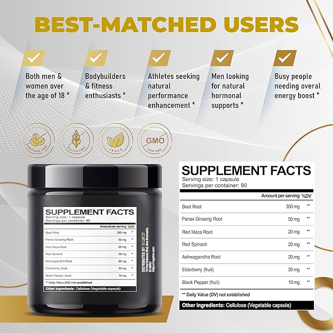 VEGATOT Beet Root *USA Made and Tested* Concentrated with Ginseng Maca Root Ashwagandha - Energy Stamina Immune Support (90 Count (Pack of 1))