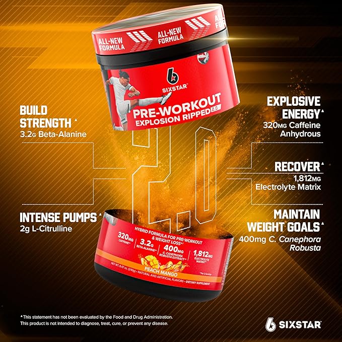Six Star Pre-Workout Explosion, Peach Mango (30 Servings) - Preworkout Energy Powder Supplement for Men & Women - Pre Workout Drink Mix with Creatine & Beta Alanine - Sports Nutrition Products