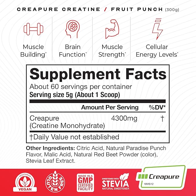 Muscle Feast Creapure Creatine Monohydrate Powder, Vegan Keto Friendly Gluten-Free Easy to Mix, Muscle Recovery Supplement and Best Creatine for Muscle Growth, Natural Fruit Punch, 300g