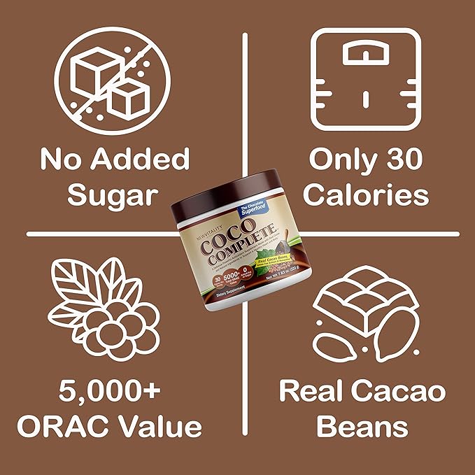 Coco Complete by New Vitality – Immune System and Boosting Superfood Powder Supplement, Energy Support, Sugar Free, Real Cocoa Powder & Green Tea Extract, Chocolate Flavor, 30 Servings