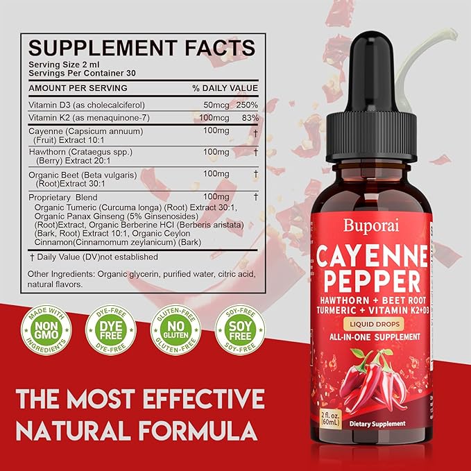 Cayenne Pepper Drops, Cayenne Pepper Extract Liquid Supplement for Overall Well-Being, 2 fl oz, Vitamin D3 K2 Beet Root Powder