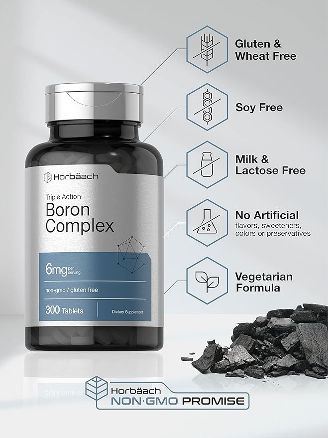 Horbäach Triple Boron Complex 6 mg Supplement | 300 Tablets | for Men and Women | Vegetarian, Non-GMO & Gluten Free | Triple Action Boron Citrate, Boron Glycinate, Boron Asparate
