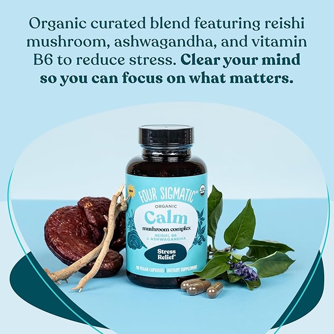 Four Sigmatic Calm Capsules | Vegan Stress Relief Supplement to Promote Positive Mood with Organic Ashwagandha Powder, Organic Reishi Mushroom, Tulsi (Holy Basil Extract), Vitamin B6 | 30 Servings
