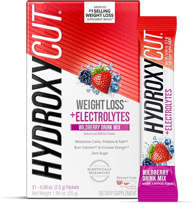 Hydroxycut Drink Mix, Wildberry Blast - 21 Travel-Size Packets - Zero Calories, Zero Sugar - Boost Metabolism, Burn Calories, Increase Energy - for Women & Men