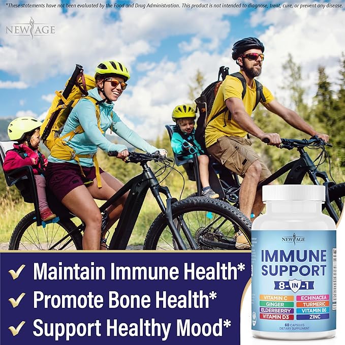 NEW AGE 8 in 1 Immune Support Booster Supplement with Echinacea, Vitamin C and Zinc 50mg, Vitamin D 5000 IU, Turmeric Curcumin & Ginger, B6, Elderberry (8 in 1 Capsules (Pack of 3))