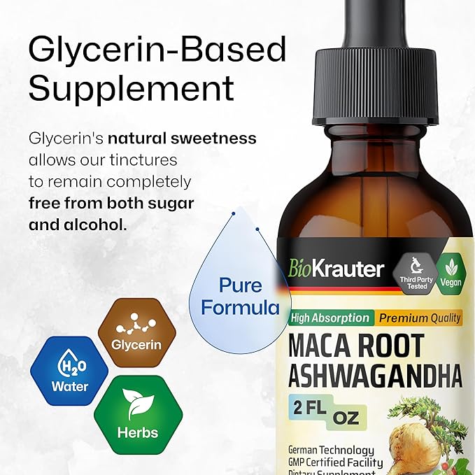 BIO KRAUTER Maca Root and Ashwagandha Tincture - Maca & Ashwagandha Supplements for Men & Women - Liquid Supplement for Mood Support - Alcohol and Sugar Free - Vegan Drops 2 Fl.Oz.
