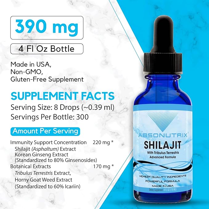 Absonutrix Shilajit with Tribulus Terrestris 390 mg, 4 Oz Liquid, 300 Servings, Made in USA, Quick Absorption, Quality Potent Ingredients, Non-GMO, GMP Certified Facility, Cruelty-Free Products