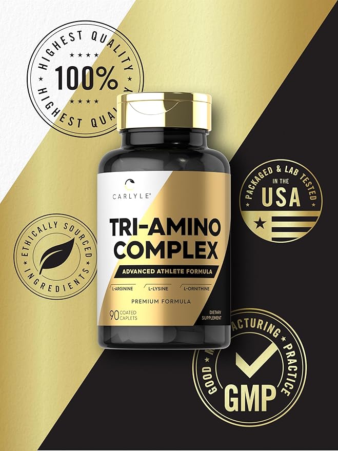 Carlyle Tri-Amino L-Arginine L-Ornithine L-Lysine Supplement | 90 Caplets | Vegetarian, Non-GMO, Gluten Free
