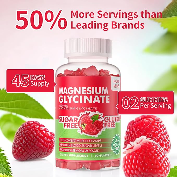 90 CT Magnesium Glycinate Gummies 1000mg - Sugar Free Magnesium Potassium Supplement with Vitamin D, B6, CoQ10 for Calm Mood & Sleep Support - 90 Raspberry Gummies
