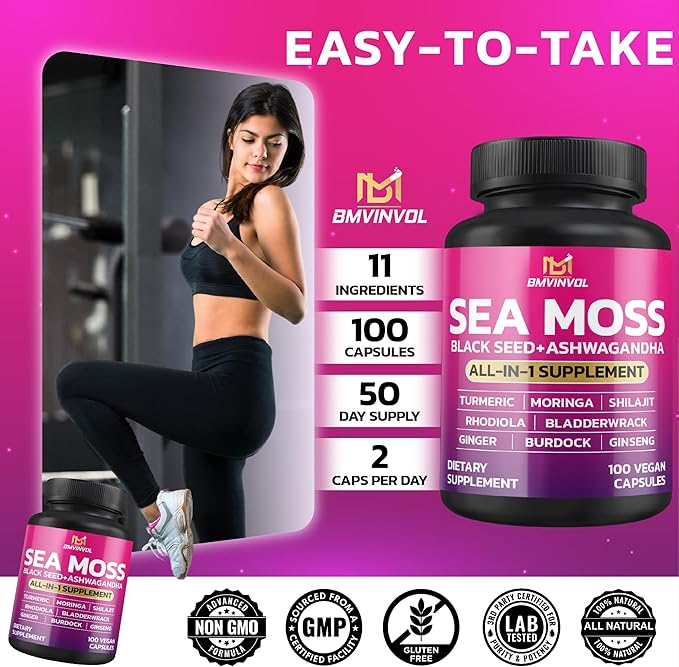 BMVINVOL Sea Moss Black Seed Shilajit Ashwagandha + Bladderwrack, Ginger, Moringa, Turmeric, Burdock, Ginseng, Rhodiola Rosea - 100 Capsules