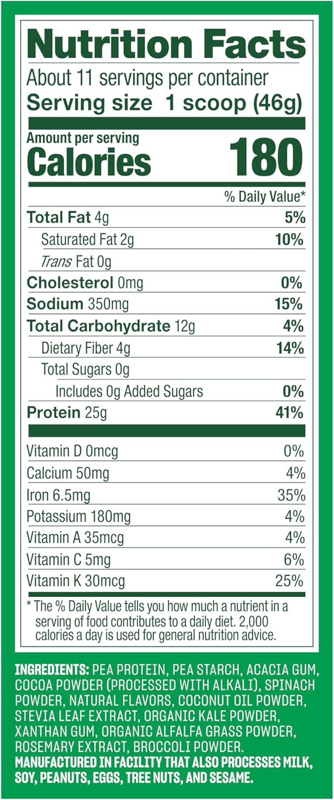 Vega Protein and Greens Protein Powder Creamy Chocolate (11 Servings) 25g Plant Based Protein Plus Veggies, Vegan, Non-GMO, Pea Protein for Women and Men, 1.2lbs