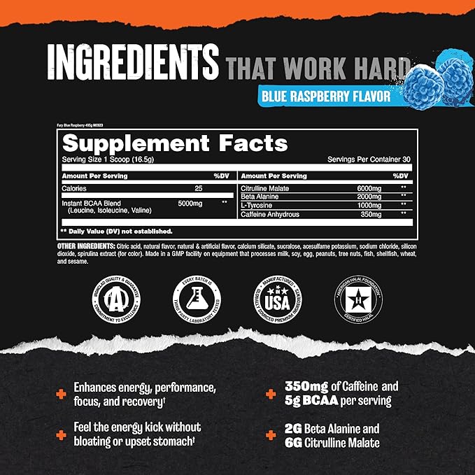 Animal Fury - Pre Workout Powder Supplement for Energy and Focus - 5g BCAA, 350mg Caffeine Nitric Oxide Without Creatine - Powerful Stimulant for Bodybuilders - Blue Raspberry