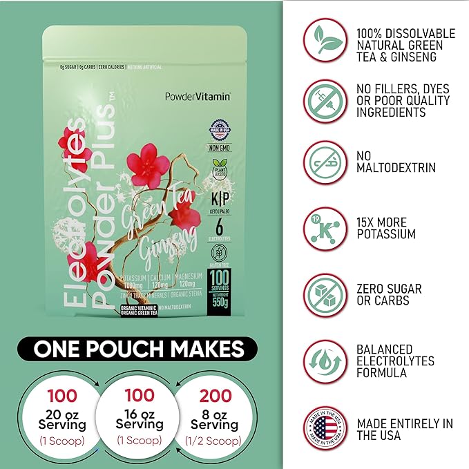 Electrolytes Powder Plus (100 Servings) Green Tea Ginseng Electrolyte Powder Keto, Sugar Free, Pink Himalayan Salt,1000mg Potassium,120mg Calcium,120mg Magnesium, Hydration Powder