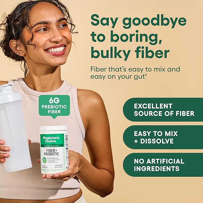 Physician's CHOICE Fiber & Probiotic Powder - Supports Regularity, Bloating, Gas, & Digestive Health - Organic Prebiotics - Sugar Free Formula - Fiber Supplement for Women & Men - Unflavored - 8.7 oz