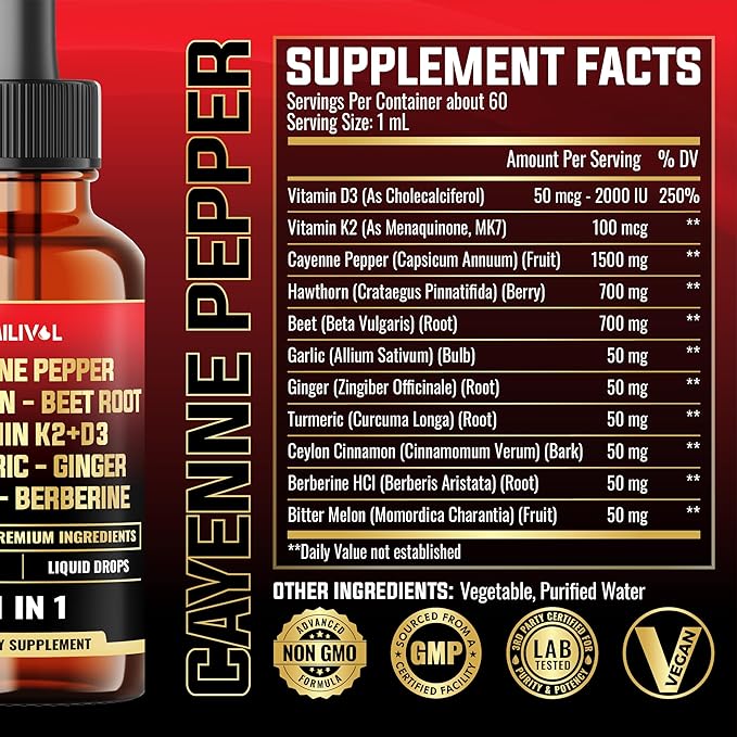 11in1 Cayenne Pepper Liquid Drops with Hawthorn Berry, Vitamin D3 K2, Beet Root, Garlic, Ginger, Ceylon Cinnamon, Turmeric, Berberine and Bitter Melon - 60 Days Supply - 2Fl Oz