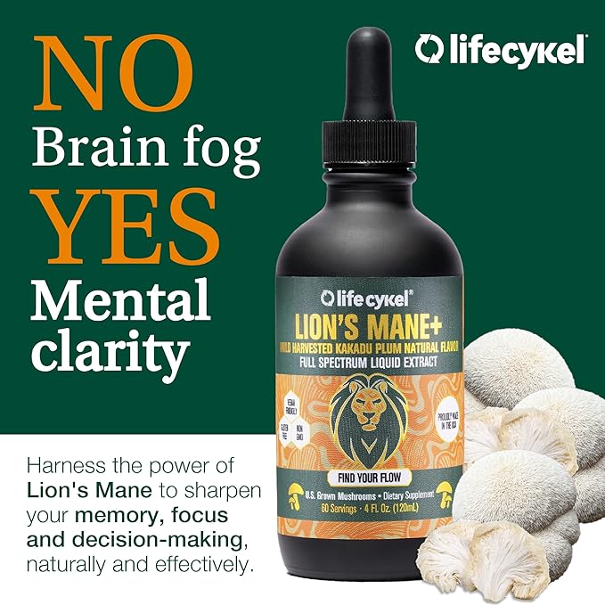 Lifecykel - Lion's Mane Mushroom Extract with Kakadu Plum - Brain Booster Nootropic for Memory, Focus & REM Sleep - Non-GMO, Organic Mushroom Tincture - 1 Fl Oz (15 Servings)