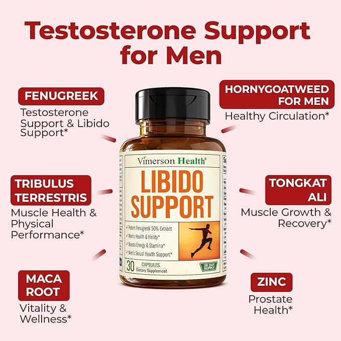 Libido Support For Men: Testosterone Supplement for Men with Fenugreek, Maca Root, Tongkat Ali, Horny Goat Weed, Tribulus. Male Enhancing Supplement, Testosterone Support, Muscle Builder - 30 Capsules