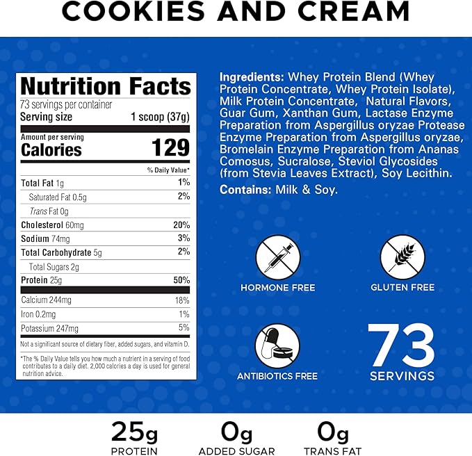 High Whey, Protein Powder 6LB, Whey Isolate, Gluten Free, Lean Muscle Mass for Men & Women, 25g of Protein Per Scoop, 2.7kg, 73 Servings (Cookies & Cream, 6 Pound)