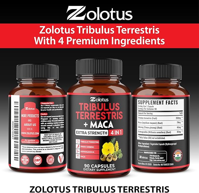 Zolotus Premium Tribulus Terrestris Capsules - Combined with Ashwagandha, Panax Ginseng & Maca - 90 Counts for 3 Months