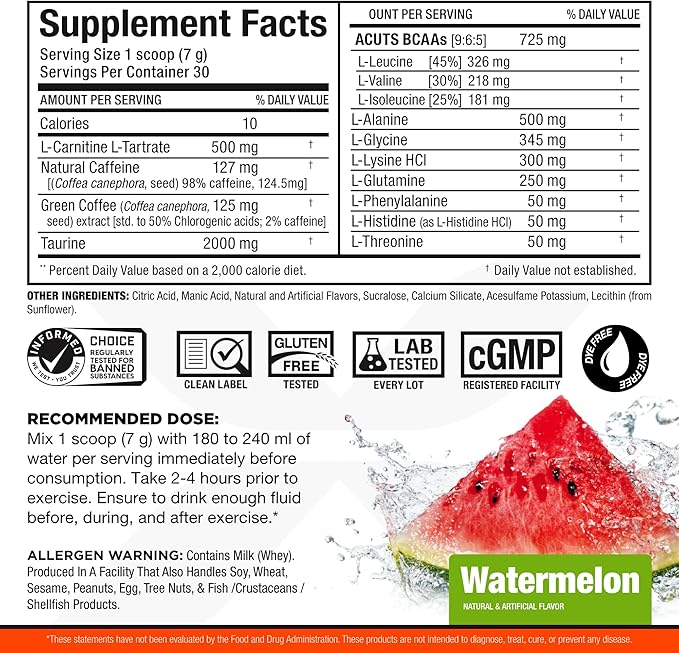 ALLMAX Nutrition AMINOCUTS (ACUTS), Amino-Charged Energy Drink with Taurine, L-Carnitine, Green Coffee Bean Extract, Watermelon, 30 Servings