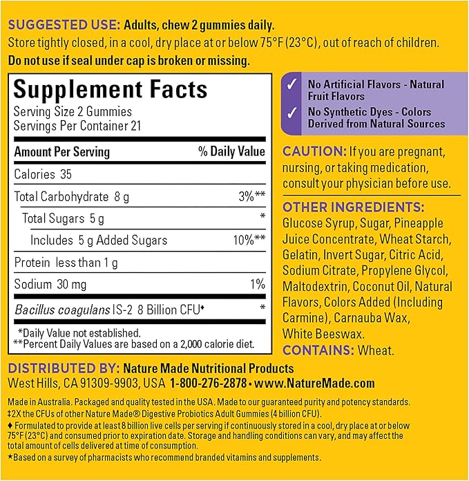 Nature Made Ultra Strength Digestive Probiotics, Probiotics for Women and Men, 42 Probiotic Gummies, 21 Day Supply