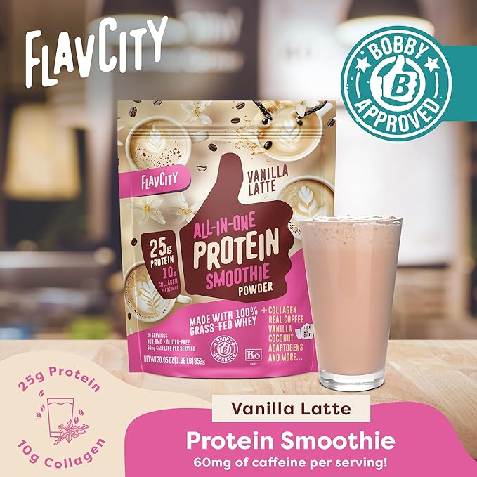 FlavCity Grass Fed Whey Protein Powder - Vanilla Latte - 25g Protein, 10g Collagen & 60mg of Caffeine - Made With Real Vanilla Bean & Organic Coconut - Gluten Free & No Added Sugars (20 Servings)