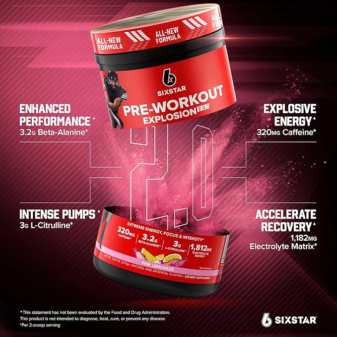 Six Star Pre-Workout Powder for Men & Women, Pink Lemonade (30 Servings) - Preworkout Explosion 2.0 Energy Powder Drink Mix with Beta-Alanine & Caffeine - Sports Nutrition Supplement Products