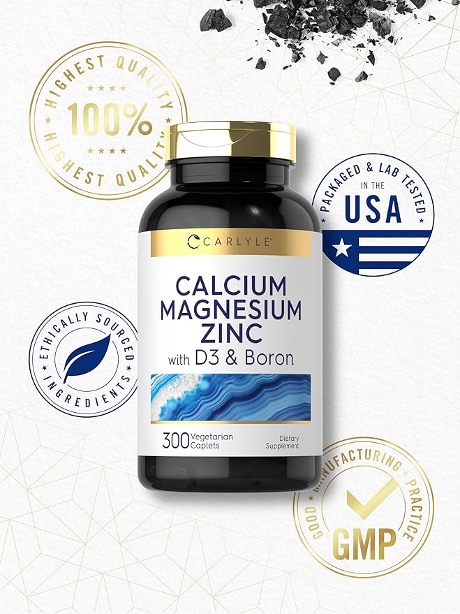 Carlyle Calcium Magnesium Zinc Vitamin D3 Supplement with Boron | 300 Caplets | Vegetarian, Non-GMO
