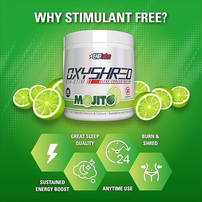EHP Labs OxyShred Non Stimulant Pre Workout Powder - Stim Free Pre Workout, Caffeine Free Preworkout for Men & Women - Non Stim Preworkout - Sugar Free Energy Powder - Mojito, 60 Servings