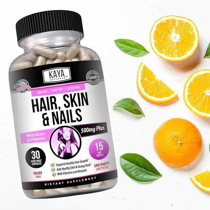Kaya Naturals Hair Skin Nail Capsules with Biotin - Hair and Skin Vitamins, Vitamin D Vitamin B-12 A Folic Acid Support, Hair Support Vitamin Supplement for Hair Skin Nails- 30 Count Capsules