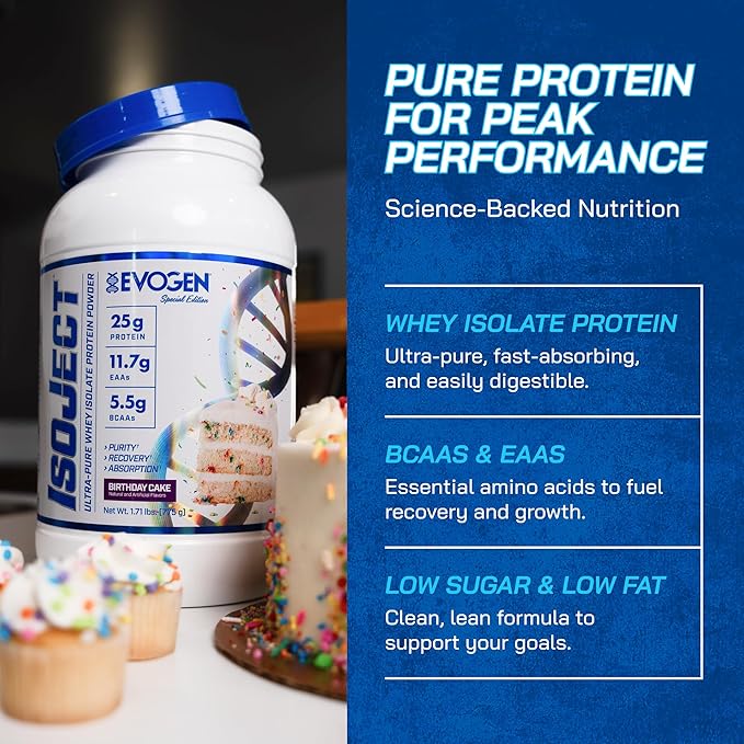 Evogen Isoject - Whey Protein Isolate | Ultra-Pure Whey Protein Powder with Ignitor Enzymes, BCAAs, and EAAs | Enhanced Absorption & Recovery | Birthday Cake | 25 Servings