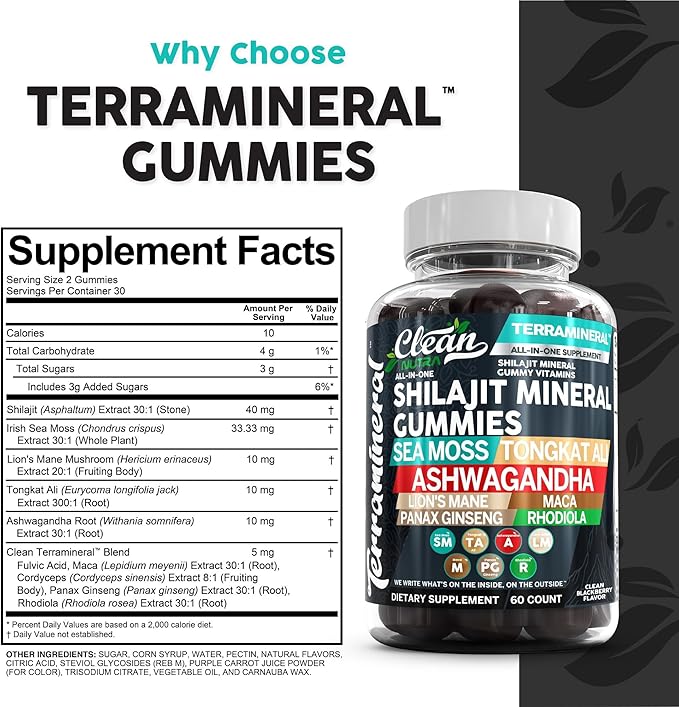 Terramineral Shilajit Gummies with Irish Sea Moss Tongkat Ali Ashwagandha Lion's Mane MACA Panax Ginseng Rhodiola & Cordyceps by Clean Nutra (1)
