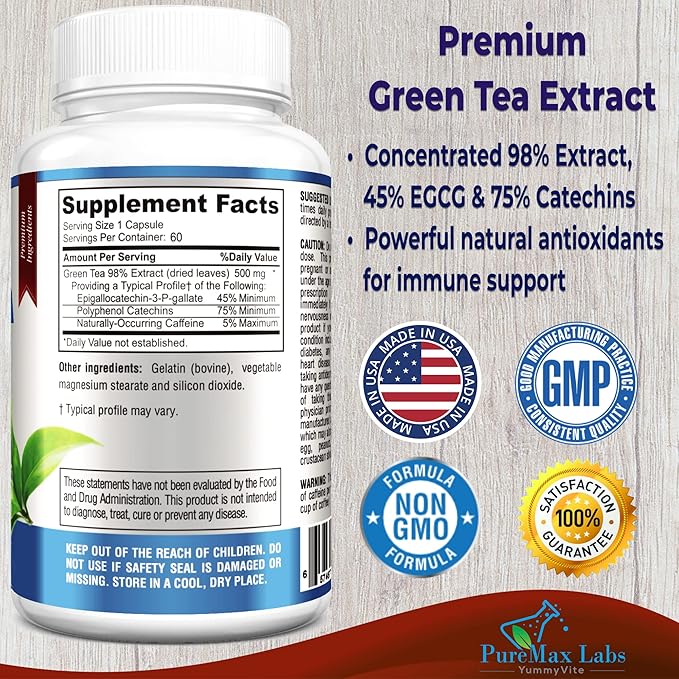 Green Tea Extract 98% - 3X Strength, 75% Polyphenol Catechins, 45% EGCG, Super Antioxidant - 60 Capsules